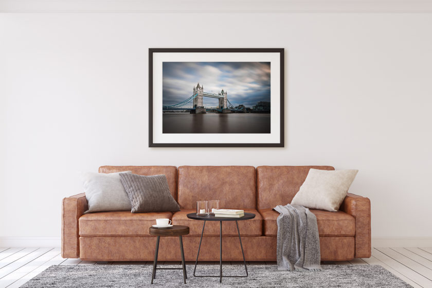 This is a mockup of Ben Orloff's "Bascule 86" photography print set in a living room scene.