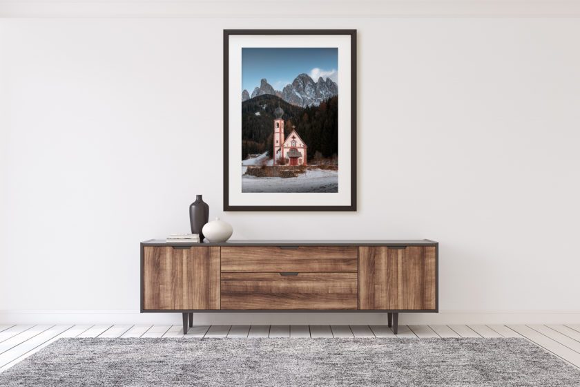 This is a mockup of Ben Orloff's "Chiesetta" photography print set in a home's interior.