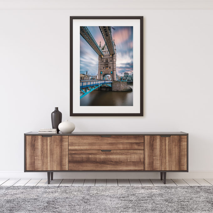 This is a mockup of Ben Orloff's "Tower Bridge" photography print set in a home's interior.